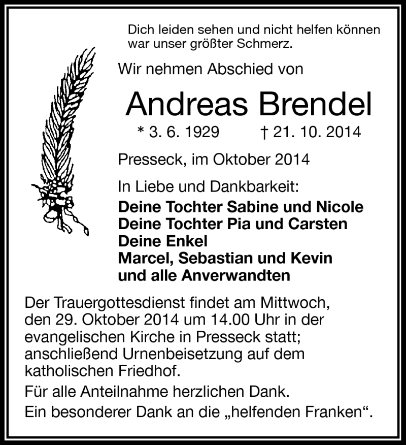  Traueranzeige für Andreas Brendel vom 27.10.2014 aus Frankenpost