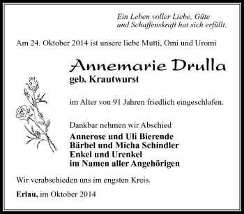 Traueranzeige von Annemarie Drulla von Südthüringer Presse