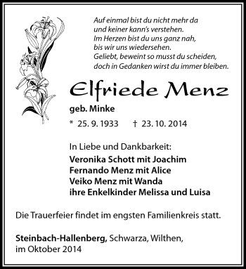 Traueranzeige von Elfriede Menz von Südthüringer Presse