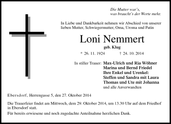 Traueranzeige von Loni Nemmert von Neue Presse Coburg