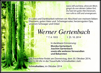 Traueranzeige von Werner Gertenbach von Südthüringer Presse