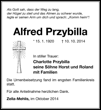 Traueranzeige von Alfred Przybilla von Südthüringer Presse
