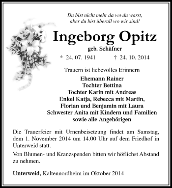 Traueranzeige von Ingeborg Opitz von Südthüringer Presse