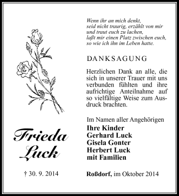 Traueranzeige von Frieda Luck von Südthüringer Presse