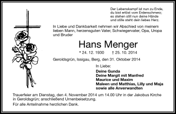 Traueranzeige von Hans Menger von Frankenpost