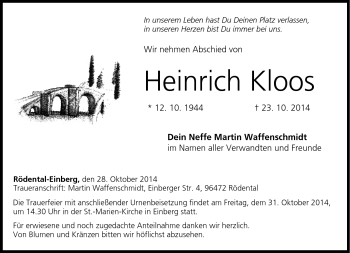 Traueranzeige von Heinrich Kloos von Neue Presse Coburg