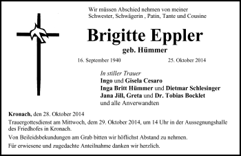 Traueranzeige von Brigitte Eppler von Neue Presse Coburg