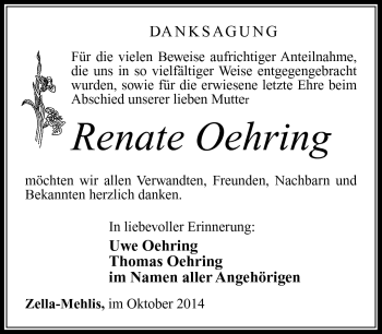 Traueranzeige von Renate Oehring von Südthüringer Presse