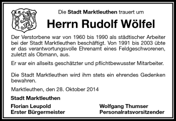 Traueranzeige von Rudolf Wölfel von Frankenpost
