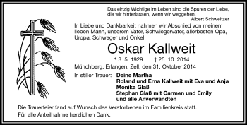 Traueranzeige von Oskar Kallweit von Frankenpost