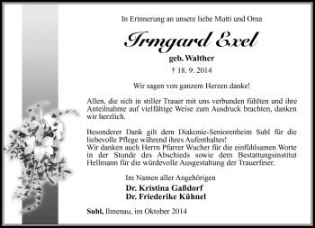 Traueranzeige von Irmgard Exel von Südthüringer Presse