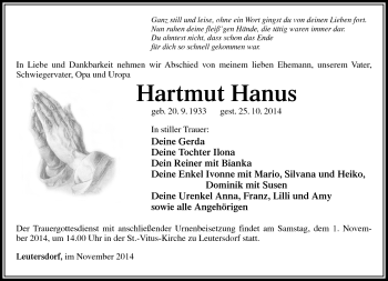 Traueranzeige von Hartmut Hanus von Südthüringer Presse