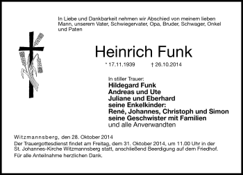Traueranzeige von Heinrich Funk von Neue Presse Coburg