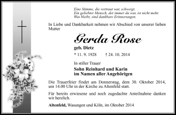 Traueranzeige von Gerda Rose von Südthüringer Presse