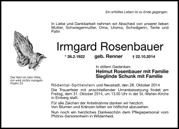 Traueranzeige von Irmgard Rosenbauer von Neue Presse Coburg
