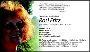Traueranzeige von Rosi Fritz von Südthüringer Presse