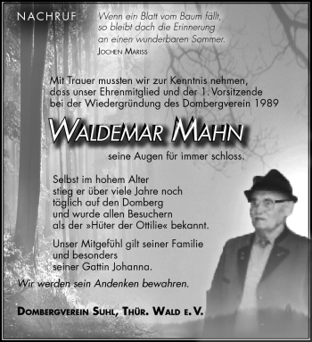 Traueranzeige von Waldemar Mahn von Südthüringer Presse