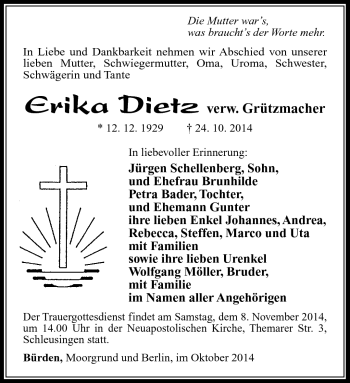 Traueranzeige von Erika Dietz von Südthüringer Presse
