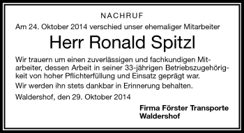 Traueranzeige von Ronald Spitzl von Frankenpost