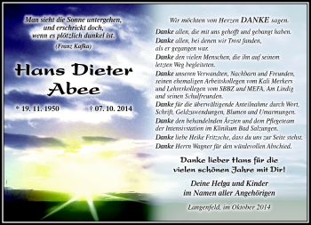 Traueranzeige von Hans Dieter Abee von Südthüringer Presse