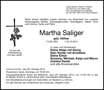 Traueranzeige von Martha Saliger von Neue Presse Coburg