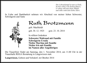 Traueranzeige von Ruth Brotzmann von Südthüringer Presse