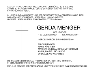 Traueranzeige von Gerda Menger von Frankenpost