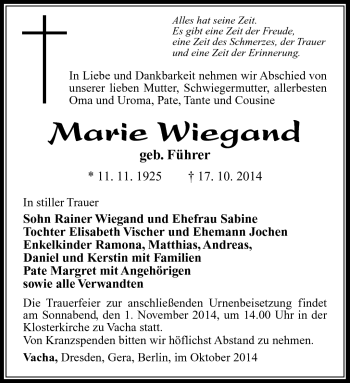 Traueranzeige von Marie Wiegand von Südthüringer Presse