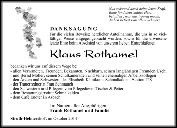 Traueranzeige von Klaus Rothamel von Südthüringer Presse