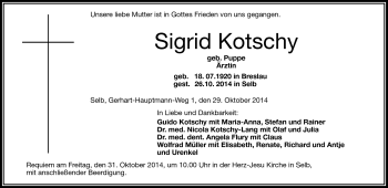Traueranzeige von Sigrid Kotschy von Frankenpost