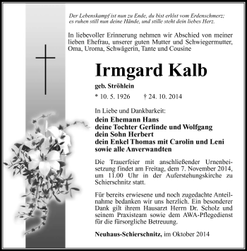 Traueranzeige von Irmgard Kalb von Südthüringer Presse