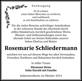 Traueranzeige von Rose Marie Schliedermann von Südthüringer Presse