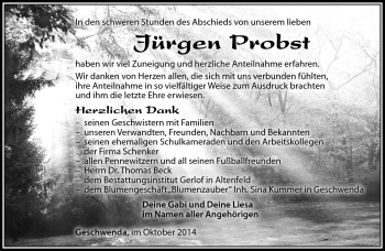 Traueranzeige von Jürgen Probst von Südthüringer Presse