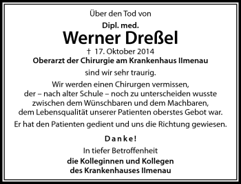 Traueranzeige von Werner Dreßel von Südthüringer Presse