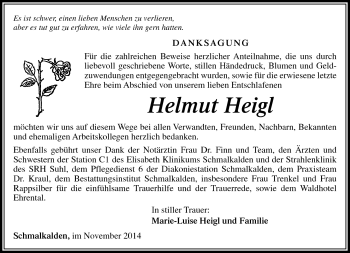 Traueranzeige von Helmut Heigl von Südthüringer Presse
