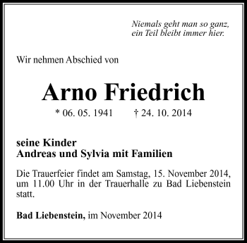 Traueranzeige von Arno Friedrich von Südthüringer Presse