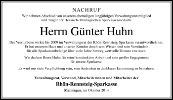 Traueranzeige von Günter Huhn von Südthüringer Presse