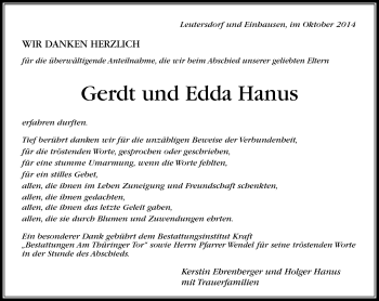 Traueranzeige von Gerdt und Edda Hanus von Südthüringer Presse