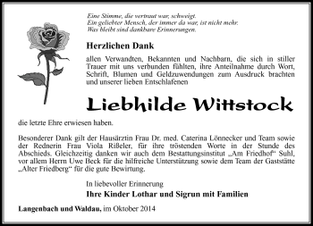 Traueranzeige von Liebhilde Wittstock von Südthüringer Presse
