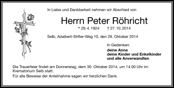 Traueranzeige von Peter Röhricht von Frankenpost