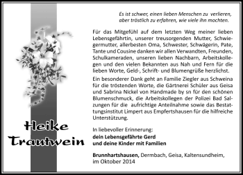Traueranzeige von Heike Trautwein von Südthüringer Presse