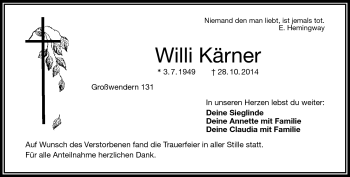 Traueranzeige von Willi Kärner von Frankenpost