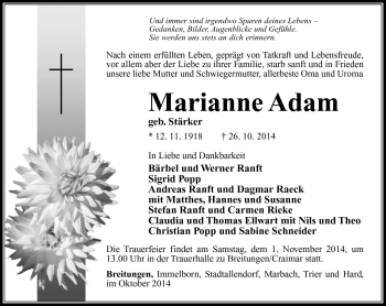 Traueranzeige von Marianne Adam von Südthüringer Presse