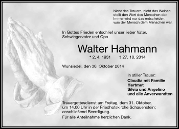 Traueranzeige von Walter Hahmann von Frankenpost