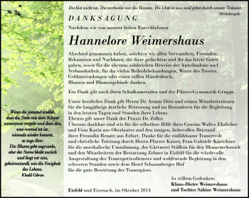 Traueranzeige von hannelore Weimershaus von Südthüringer Presse
