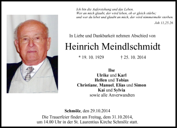 Traueranzeige von Heinrich Meindlschmidt von Neue Presse Coburg