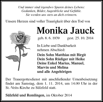 Traueranzeige von Monika Jauck von Südthüringer Presse