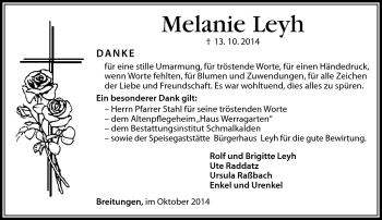Traueranzeige von Melanie leyh von Südthüringer Presse