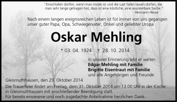 Traueranzeige von Oskar Mehling von Neue Presse Coburg