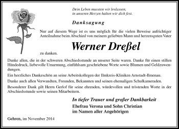 Traueranzeige von Werner Dresel von Südthüringer Presse